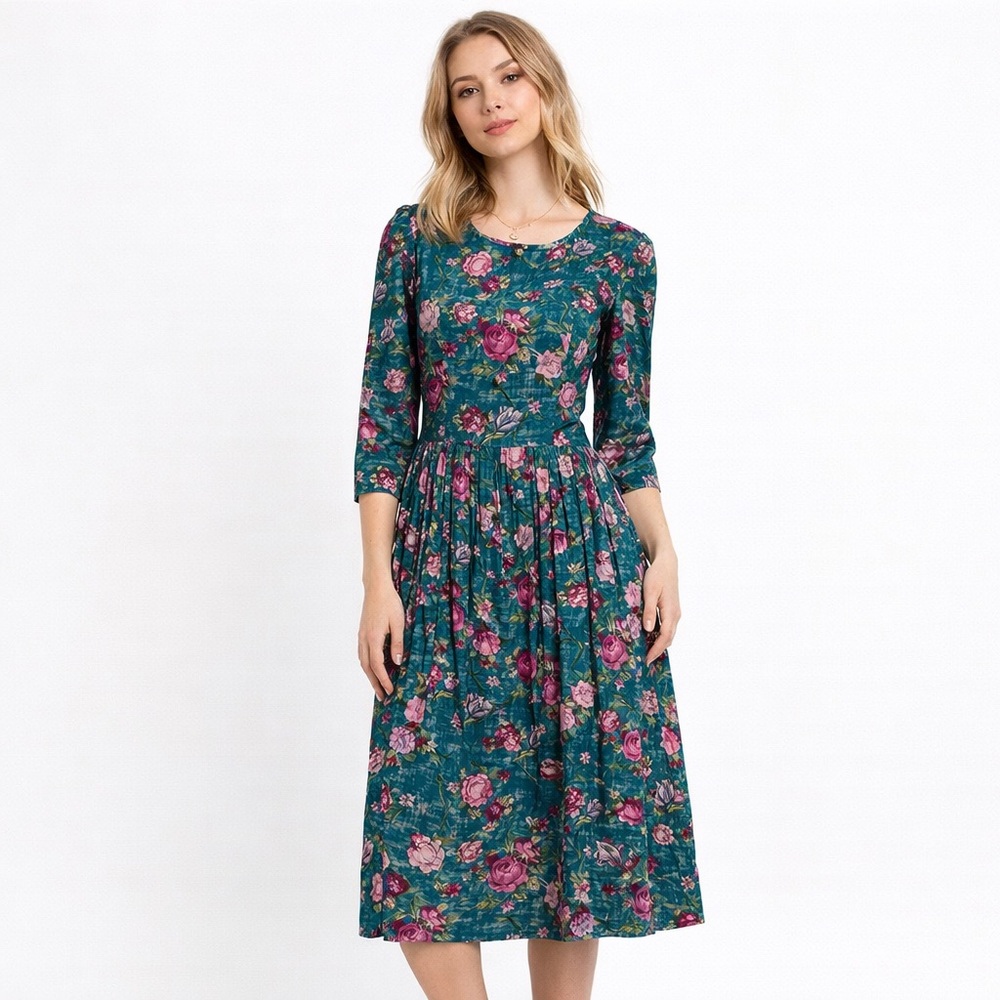 Vintage Miss Dorby Tea Dress Maxi Green Purple Floral Puff  Sleeve Size 12 80s